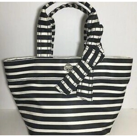 🌺 Kate Spade Hana Flatiron Handbag - Black White Stripe with Bow - Picture 1 of 15